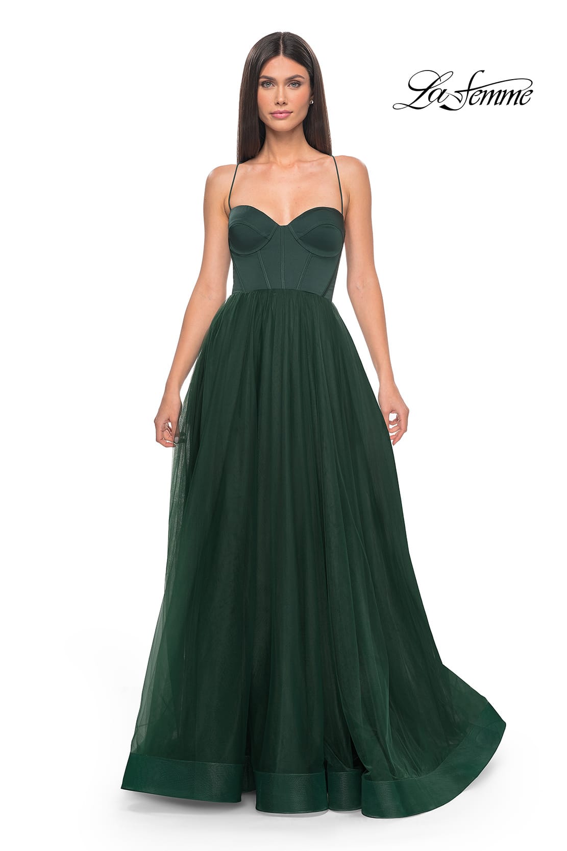 Picture of: Tulle A-Line Gown with Satin Bustier Top in Dark Emerald, Style: 32065, Detail Picture 12