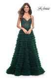 Picture of: Ruffle Tulle Prom Gown with Illusion Lace Bodice and High Slit in Dark Emerald, Style: 32128, Detail Picture 14