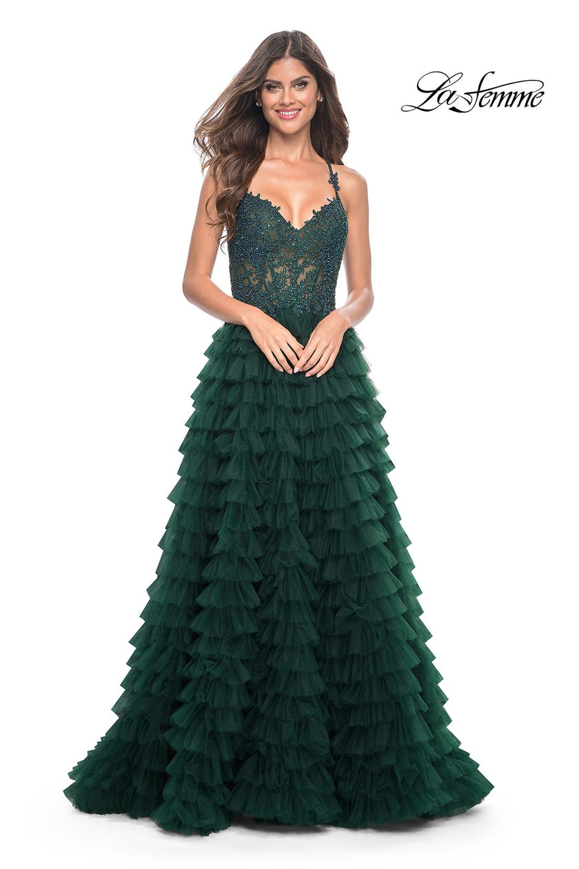 Picture of: Ruffle Tulle Prom Gown with Illusion Lace Bodice and High Slit in Dark Emerald, Style: 32128, Detail Picture 14
