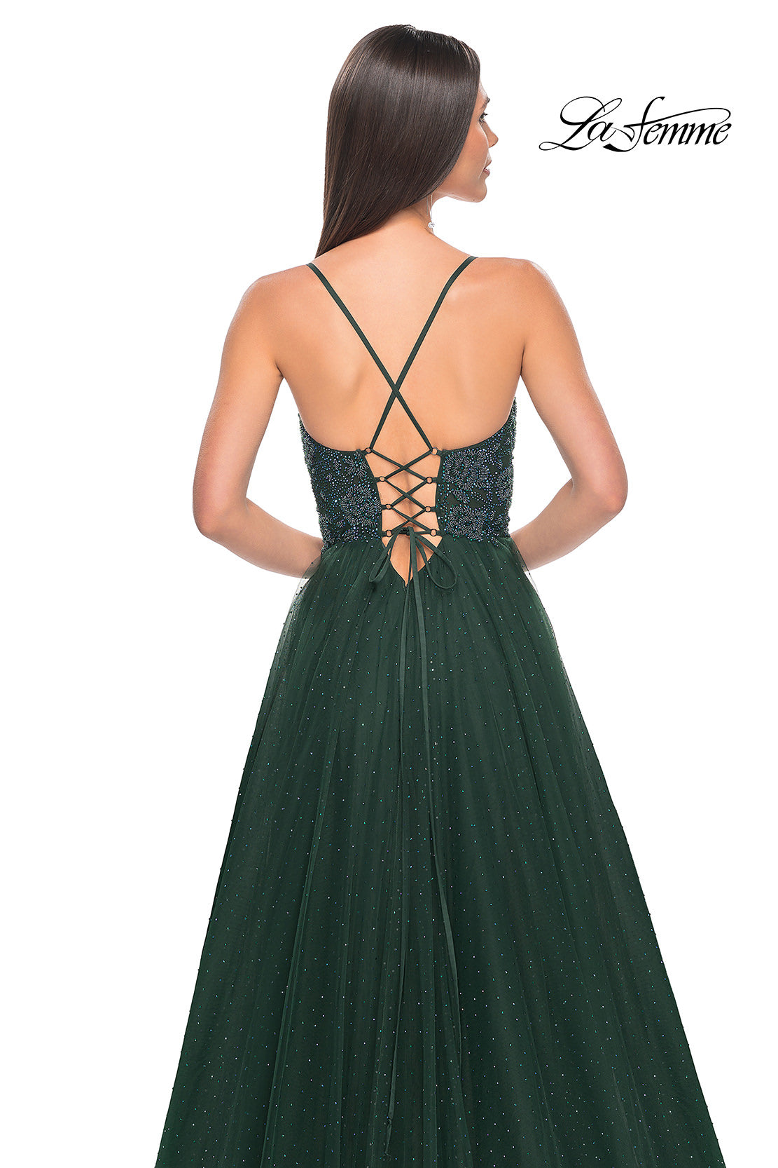 Picture of: Beautiful Rhinestone Beaded Illusion Top Tulle Prom Dress in Dark Emerald, Style: 32020, Detail Picture 15