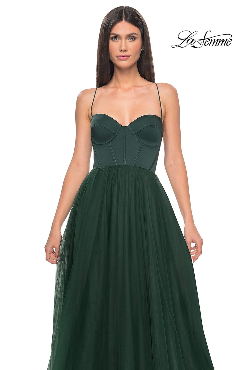 Picture of: Tulle A-Line Gown with Satin Bustier Top in Dark Emerald, Style: 32065, Detail Picture 15