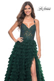 Picture of: Ruffle Tulle Prom Gown with Illusion Lace Bodice and High Slit in Dark Emerald, Style: 32128, Detail Picture 15