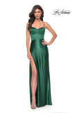 Picture of: Stretch Satin Gown with Bustier Top and Lace Up Back in Dark Emerald, Style: 32264, Detail Picture 16