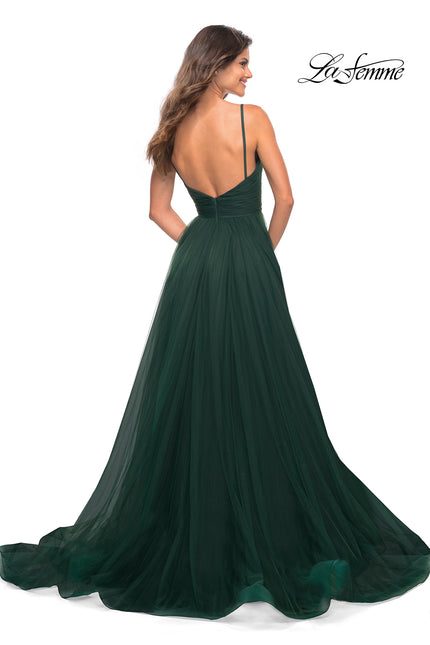 Picture of: A-line Tulle Gown with V Neckline and Pockets in Dark Emerald, Back Picture