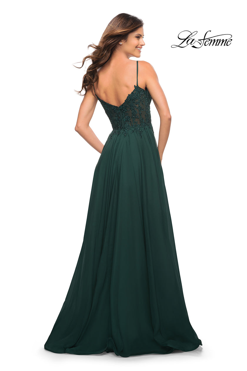 Picture of: A-line Gown with Sheer Floral Embellished Bodice in Emerald in Dark Emerald, Style: 30639, Back Picture