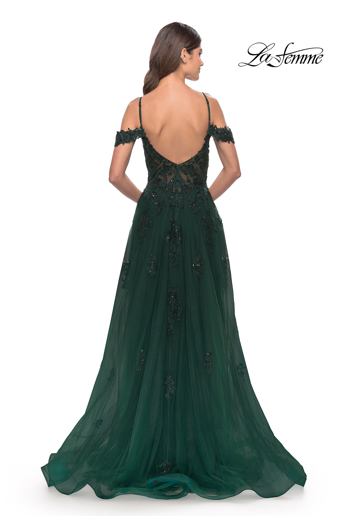 Picture of: A-Line Gown with Beautiful Beaded Lace Applique in Dark Emerald, Style: 31346, Back Picture