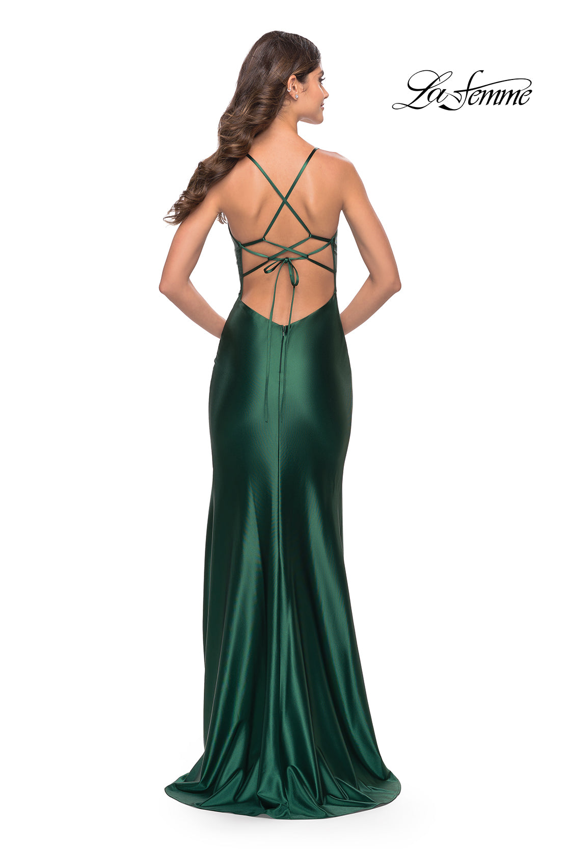 Picture of: Liquid Jersey Dress with Deep V Neckline in Dark Emerald, Style: 31375, Back Picture