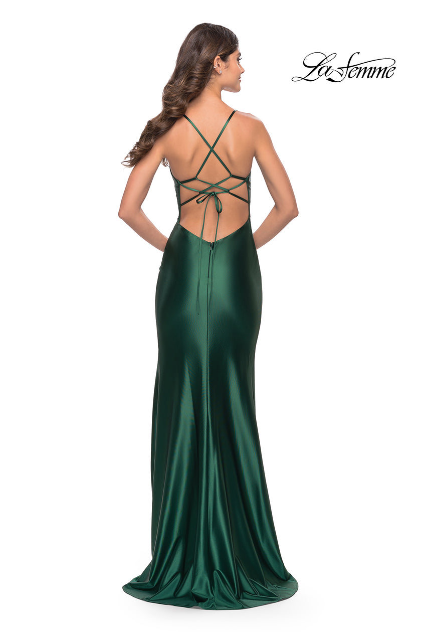 Picture of: Liquid Jersey Dress with Deep V Neckline in Dark Emerald, Style: 31375, Back Picture