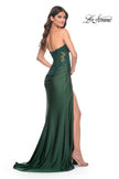 Picture of: Ruched Jersey Skirt with Lace Illusion Top and Rhinestone Prom Dress in Dark Emerald, Style: 32011, Back Picture