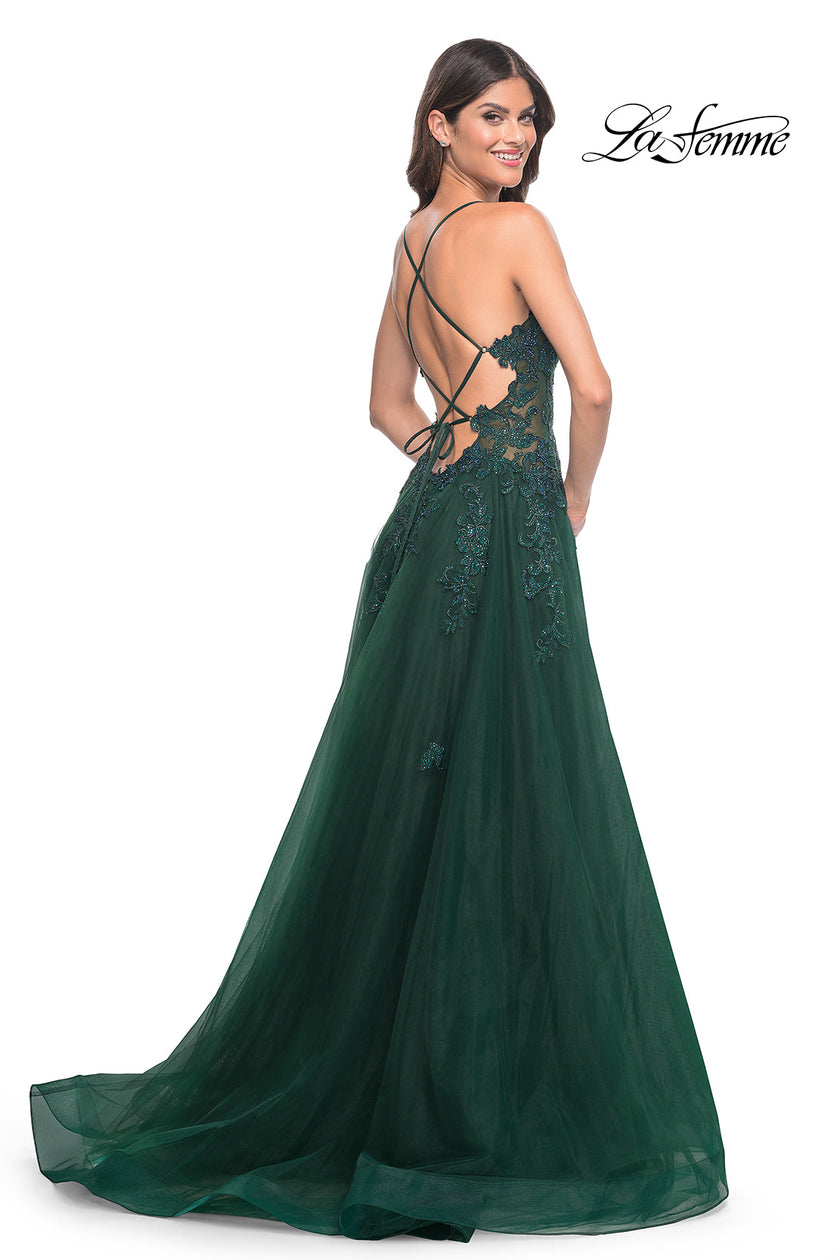 Picture of: A-Line Tulle Dress with Rhinestone Embellished Lace Applique in Dark Emerald, Style: 32022, Back Picture