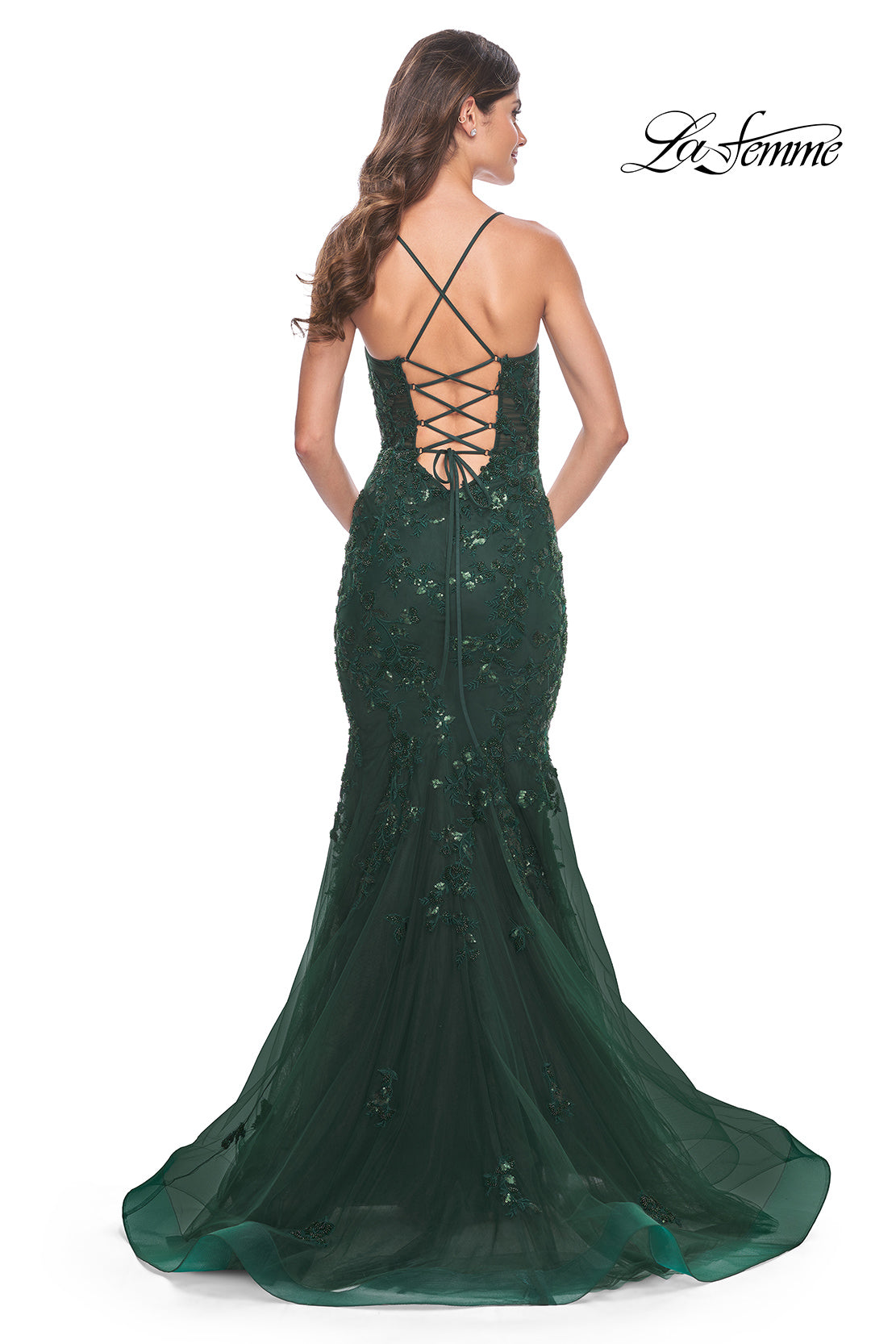 Picture of: Mermaid Prom Dress with Sequin Beaded Applique in Dark Emerald, Style: 32033, Back Picture