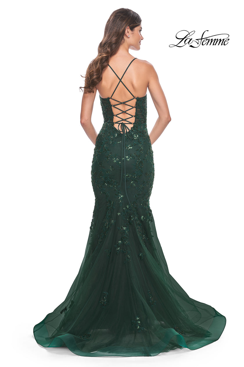 Picture of: Mermaid Prom Dress with Sequin Beaded Applique in Dark Emerald, Style: 32033, Back Picture