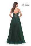 Picture of: Rhinestone Tulle A-Line Gown with Lace Bodice in Jewel Tones in Dark Emerald, Style: 32253, Back Picture