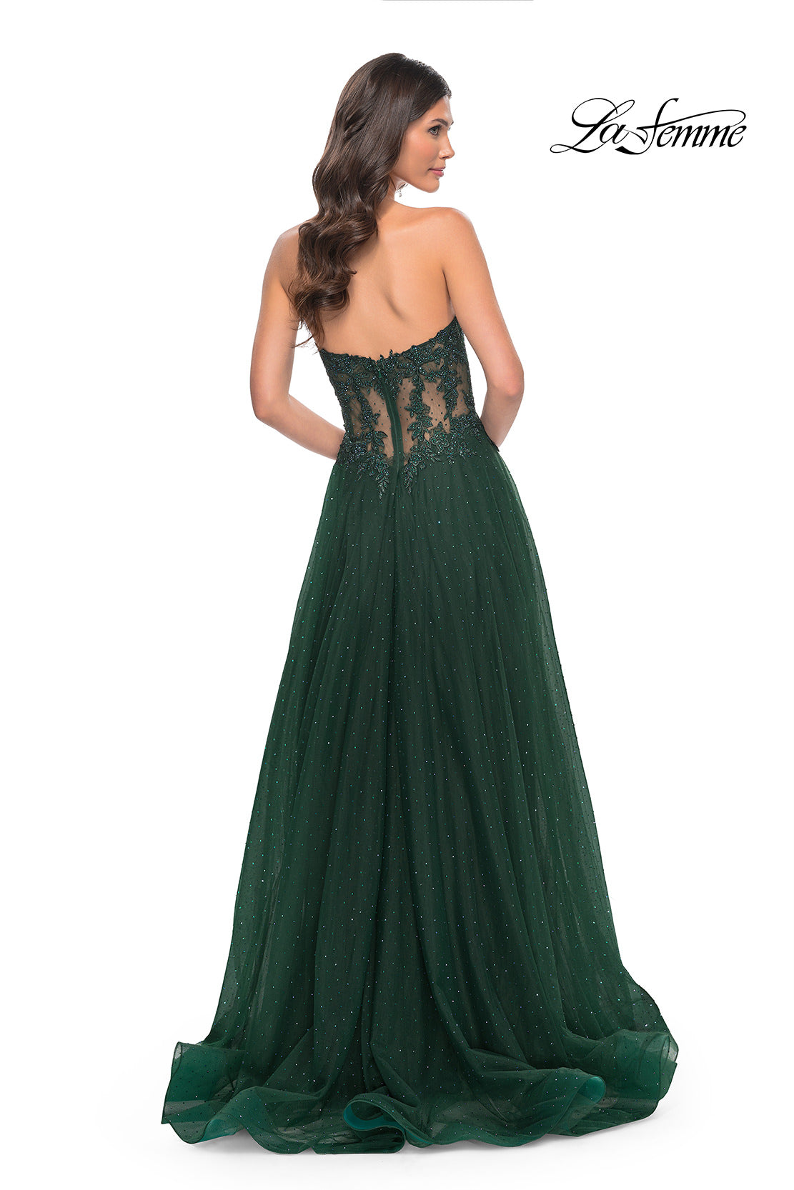 Picture of: A-Line Tulle Ballgown with Lace Illusion Bodice in Green, Style: 32313, Back Picture