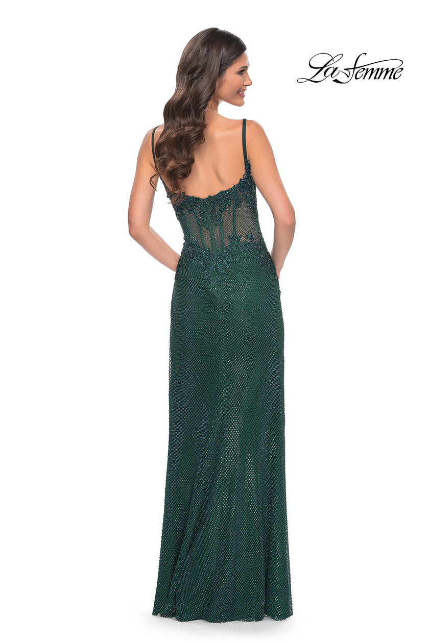 Picture of: Rhinestone Embellished Fishnet Dress with Lace Details in Green, Style: 32409, Back Picture