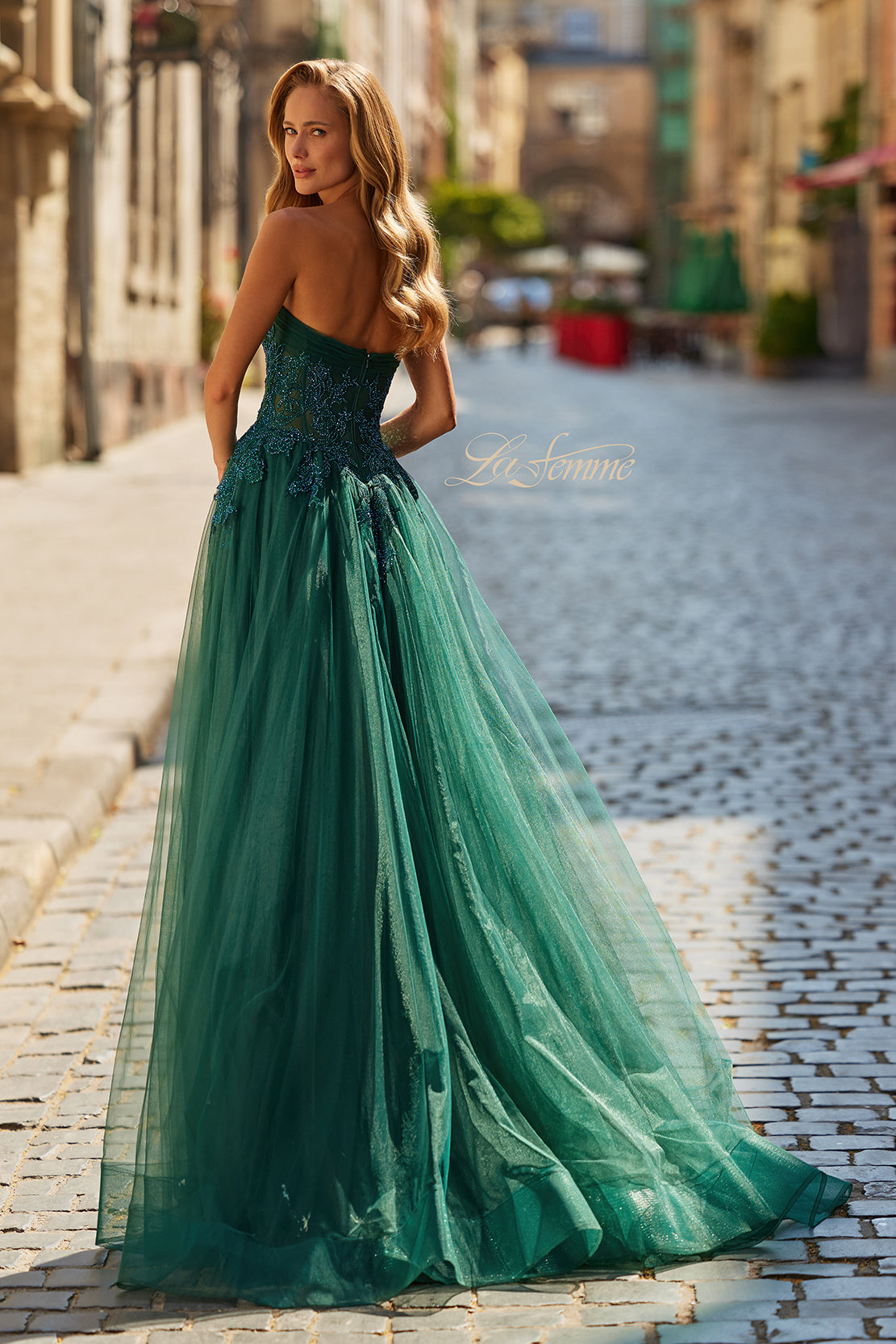 Picture of: Strapless A-Line Gown with Embroidered Corset and Slit in Dark Emerald, Style: 33528, Back Picture