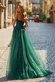 Picture of: Strapless A-Line Gown with Embroidered Corset and Slit in Dark Emerald, Style: 33528, Back Picture