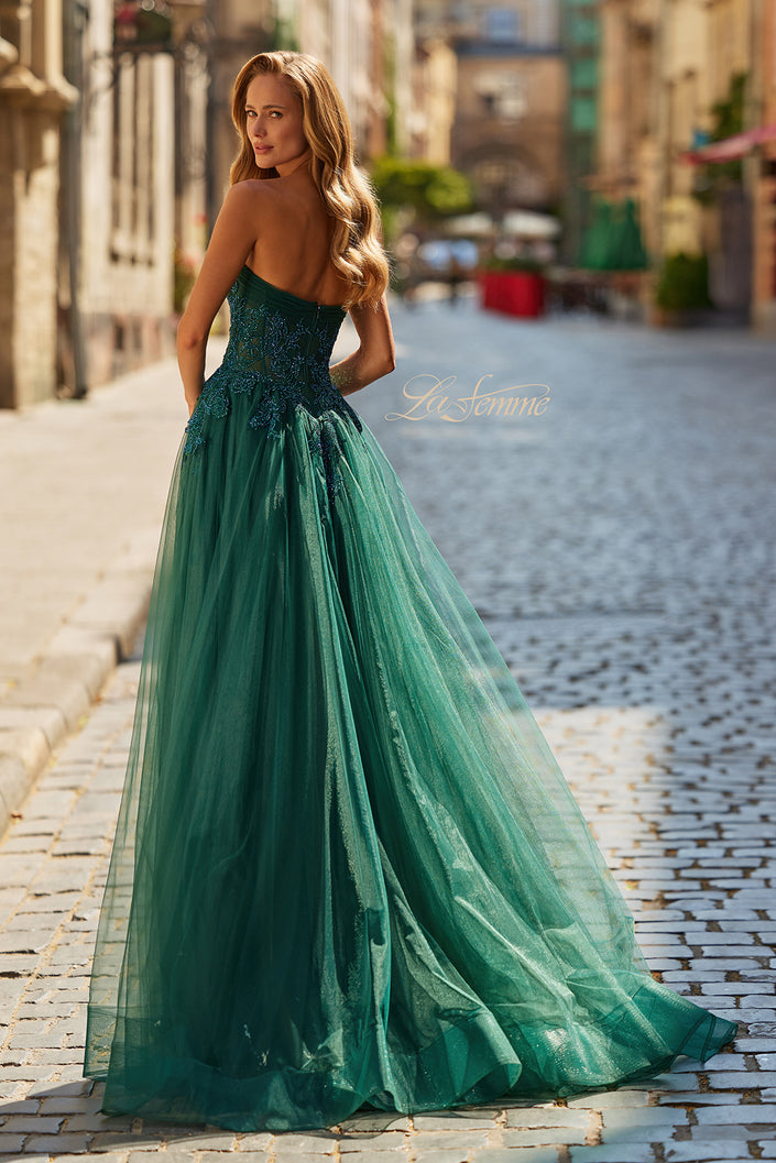 Picture of: Strapless A-Line Gown with Embroidered Corset and Slit in Dark Emerald, Style: 33528, Back Picture