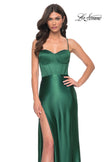 Picture of: Stretch Satin Gown with Bustier Top and Lace Up Back in Dark Emerald, Style: 32264, Detail Picture 18