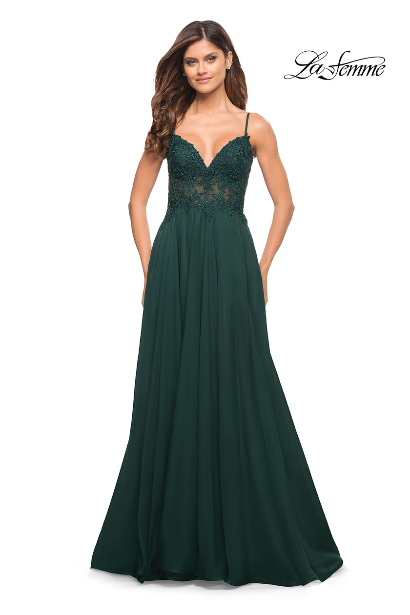Picture of: A-line Gown with Sheer Floral Embellished Bodice in Emerald in Dark Emerald, Style: 30639, Detail Picture 1
