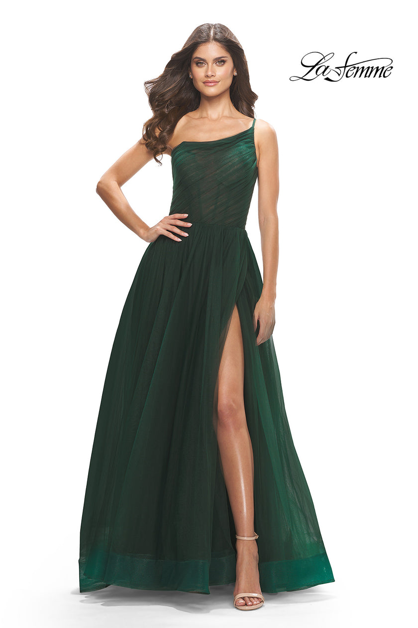 Picture of: One Shoulder A-Line Tulle Gown with Sheer Bodice in Dark Emerald, Style: 31069, Detail Picture 1