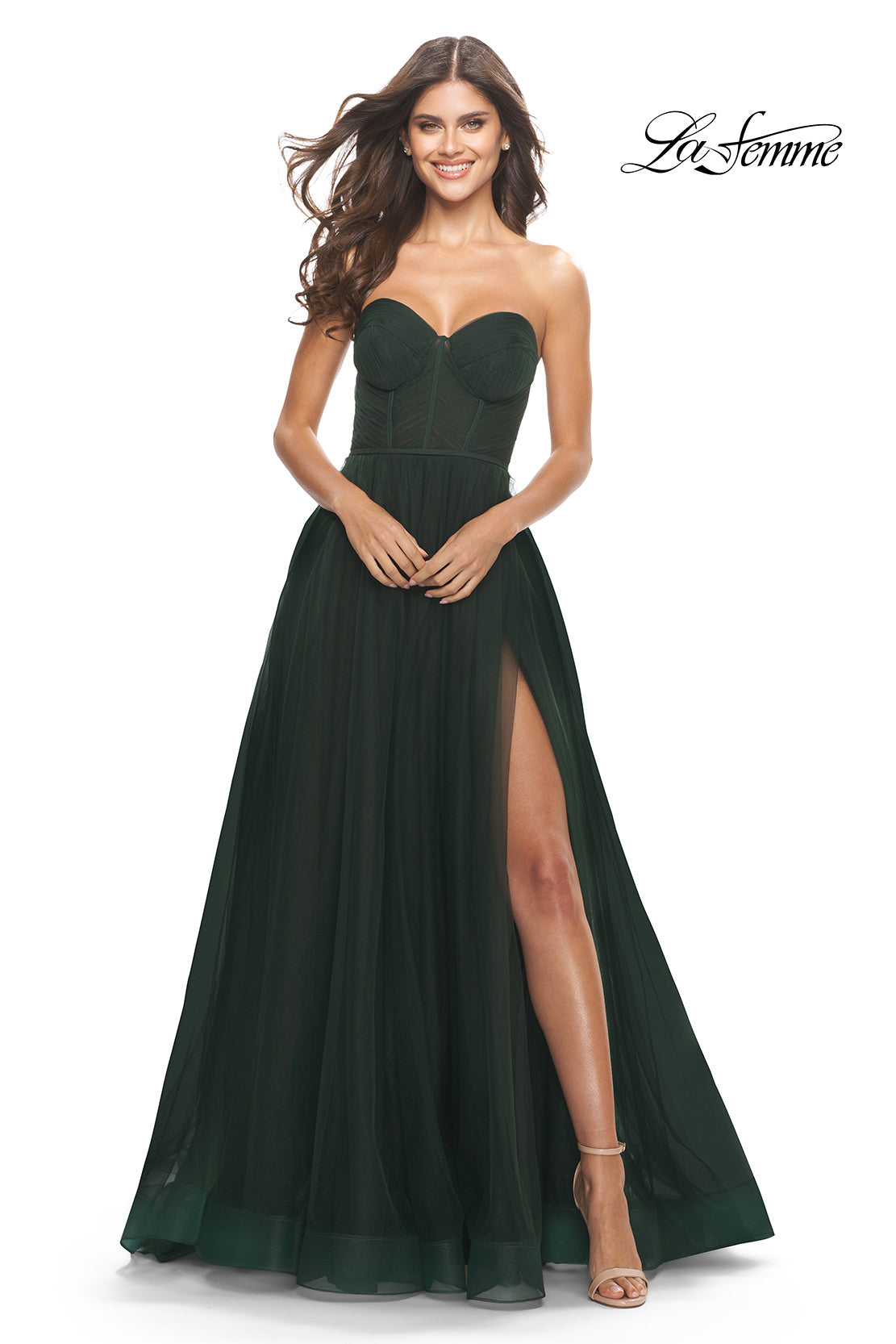 Picture of: Illusion Bodice A-line Gown with Boning and Defined Cups in Dark Emerald, Style: 31205, Detail Picture 1