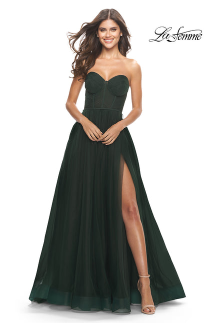 Picture of: Illusion Bodice A-line Gown with Boning and Defined Cups in Dark Emerald, Style: 31205, Detail Picture 1