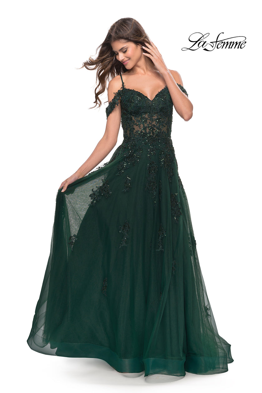 Picture of: A-Line Gown with Beautiful Beaded Lace Applique in Dark Emerald, Style: 31346, Detail Picture 1