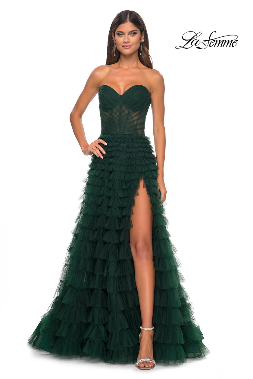 Picture of: A-Line Ruffle Tulle Prom Dress with Sweetheart Top in Dark Emerald, Style: 32283, Detail Picture 1
