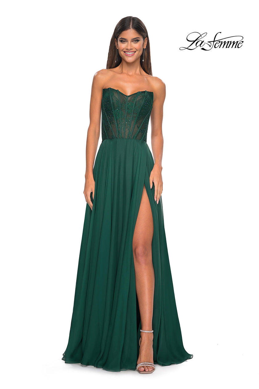 Picture of: Strapless Chiffon Prom Gown with Lace Illusion Bodice in Dark Emerald, Style: 32311, Detail Picture 1