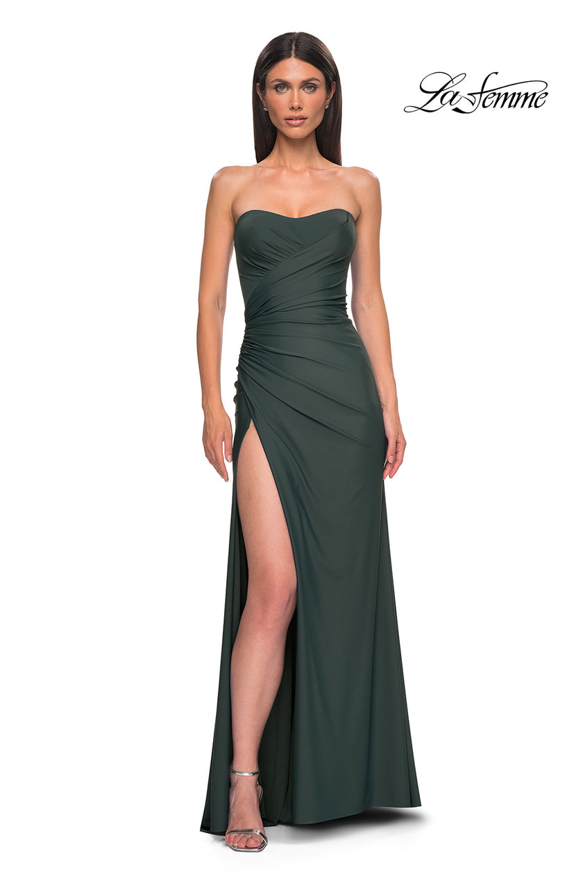 Picture of: Strapless Prom Dress with Side Ruching and Lace Up Back in Dark Emerald, Style 33012, Detail Picture 1