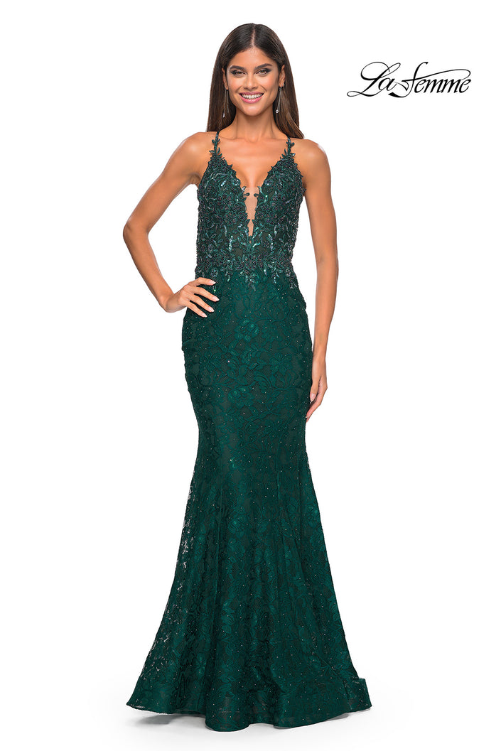 Picture of: Exquisite Mermaid Lace Gown with Beaded Sheer Bodice in Dark Emerald, Style: 31265, Detail Picture 2