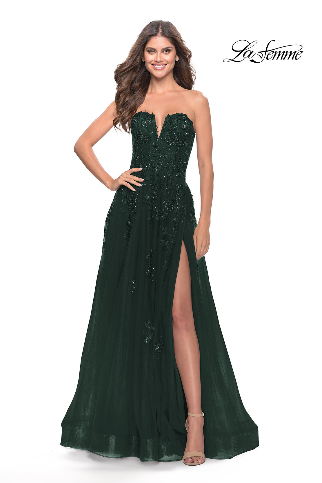 Picture of: Strapless Deep V A-Line Tulle and Lace Gown in Dark Emerald, Style: 31345, Detail Picture 2