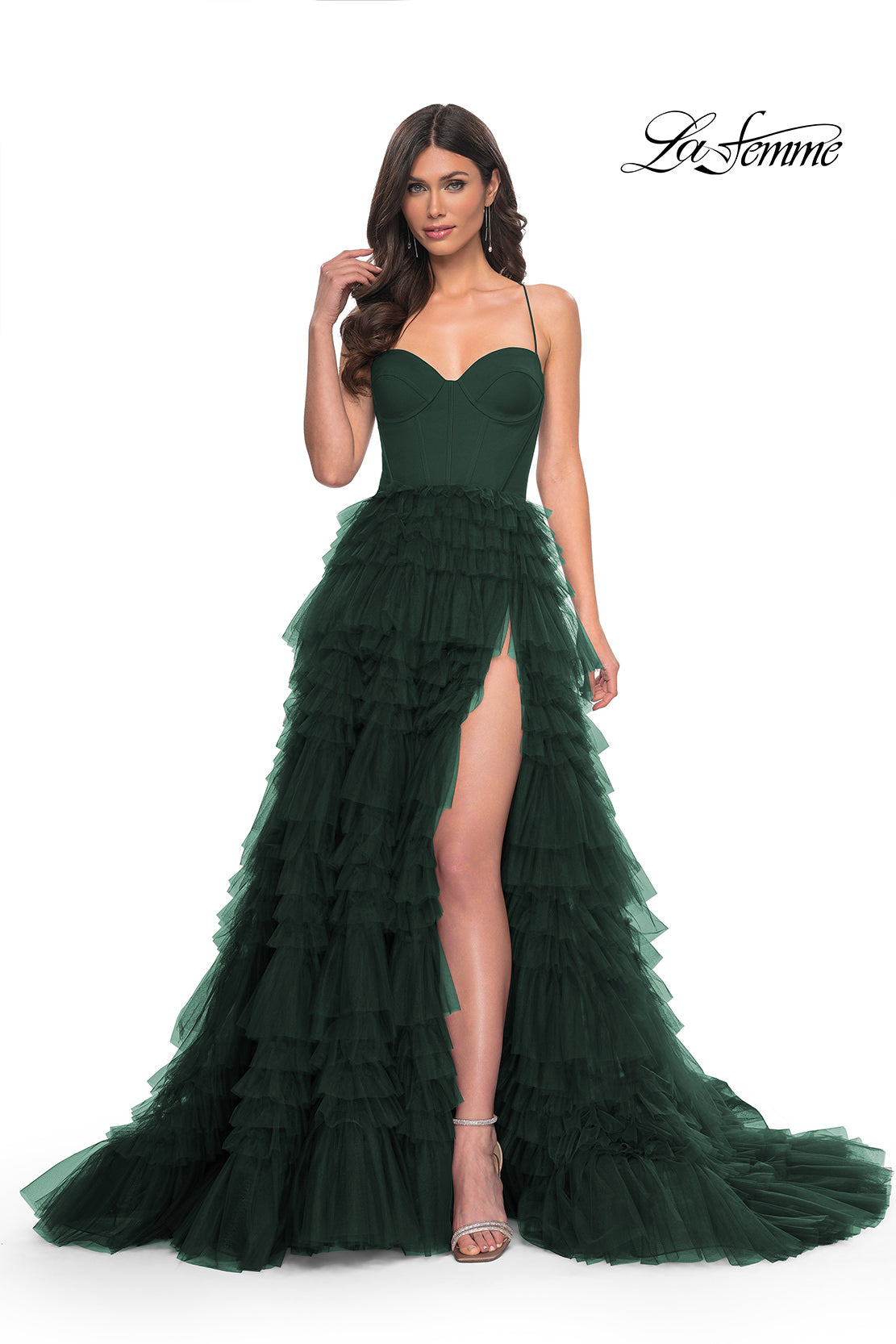 Picture of: Ruffle Tulle A-Line Dress with Satin Bustier Top in Dark Emerald, Style: 32071, Detail Picture 2