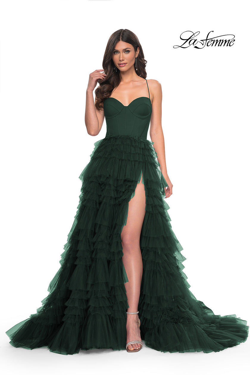 Picture of: Ruffle Tulle A-Line Dress with Satin Bustier Top in Dark Emerald, Style: 32071, Detail Picture 2