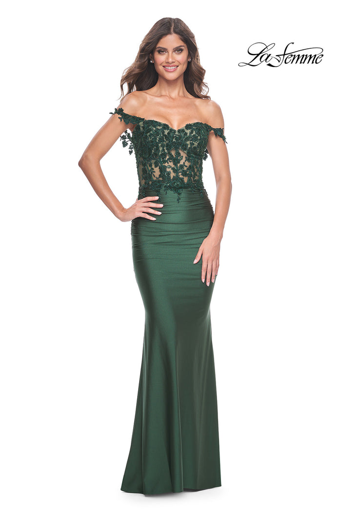 Picture of: Sheer Lace Bodice with Off the Shoulder Straps and Jersey Skirt Gown in Dark Emerald, Style: 32302, Detail Picture 2
