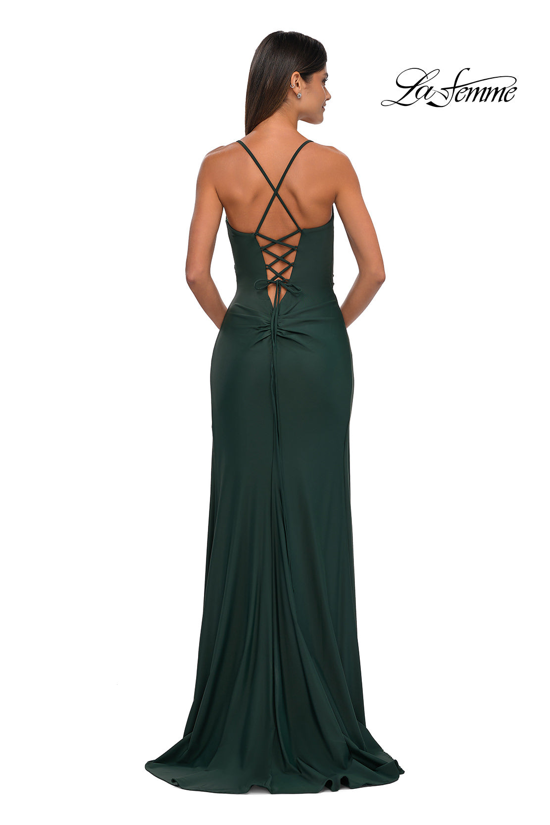 Picture of: Simple Prom Dress with Side Ruching and Lace Up Back in Dark Emerald, Style: 33103, Detail Picture 2