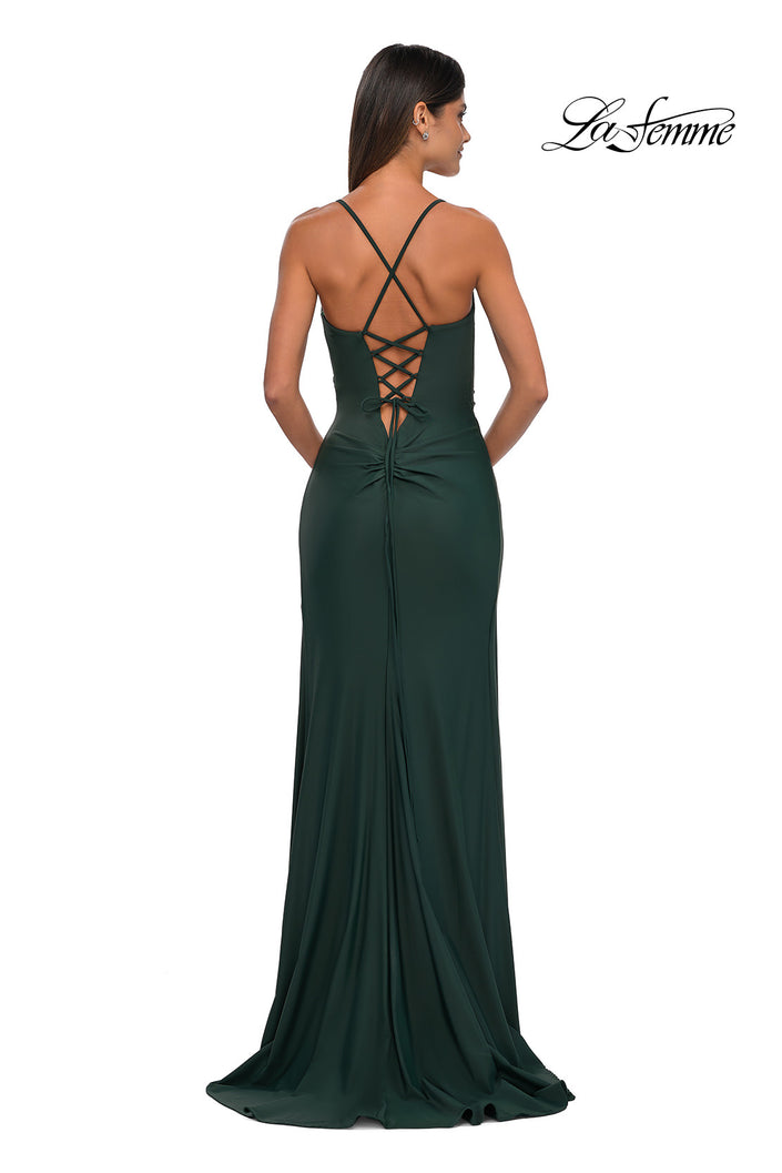 Picture of: Simple Prom Dress with Side Ruching and Lace Up Back in Dark Emerald, Style: 33103, Detail Picture 2