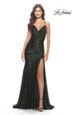 Picture of: Long Sequin Gown with Dramatic Flare Skirt and Slit in Dark Emerald, Style: 31140, Detail Picture 3