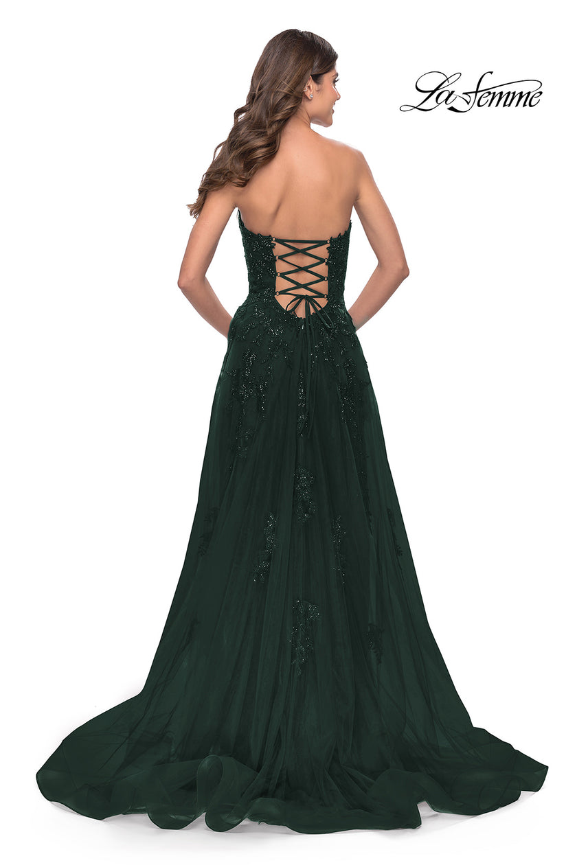Picture of: Strapless Deep V A-Line Tulle and Lace Gown in Dark Emerald, Style: 31345, Detail Picture 3