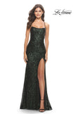 Picture of: Lace Up Back Sequin Gown with Flare Skirt in Dark Emerald, Style: 31508, Detail Picture 3