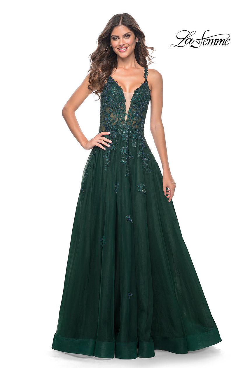 Picture of: A-Line Tulle Dress with Rhinestone Embellished Lace Applique in Dark Emerald, Style: 32022, Detail Picture 3