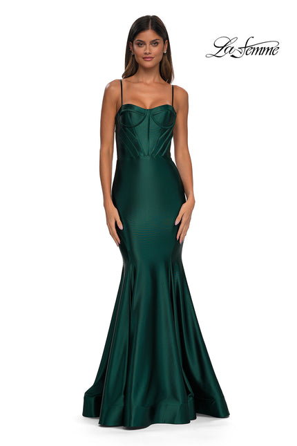 Picture of: Chic Stretch Satin Gown with Corset Top and Flare Skirt in Dark Emerald, Style: 32555, Detail Picture 3