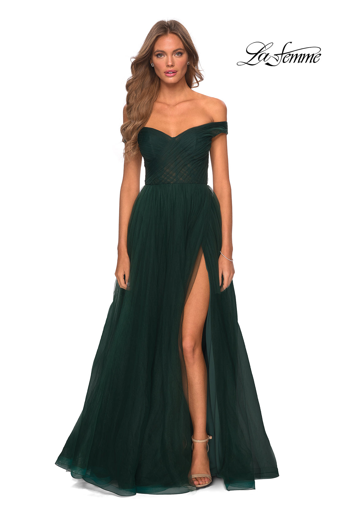 Picture of: Off The Shoulder Tulle Prom Dress with Sheer Bodice in Dark Emerald, Style: 28462, Detail Picture 4