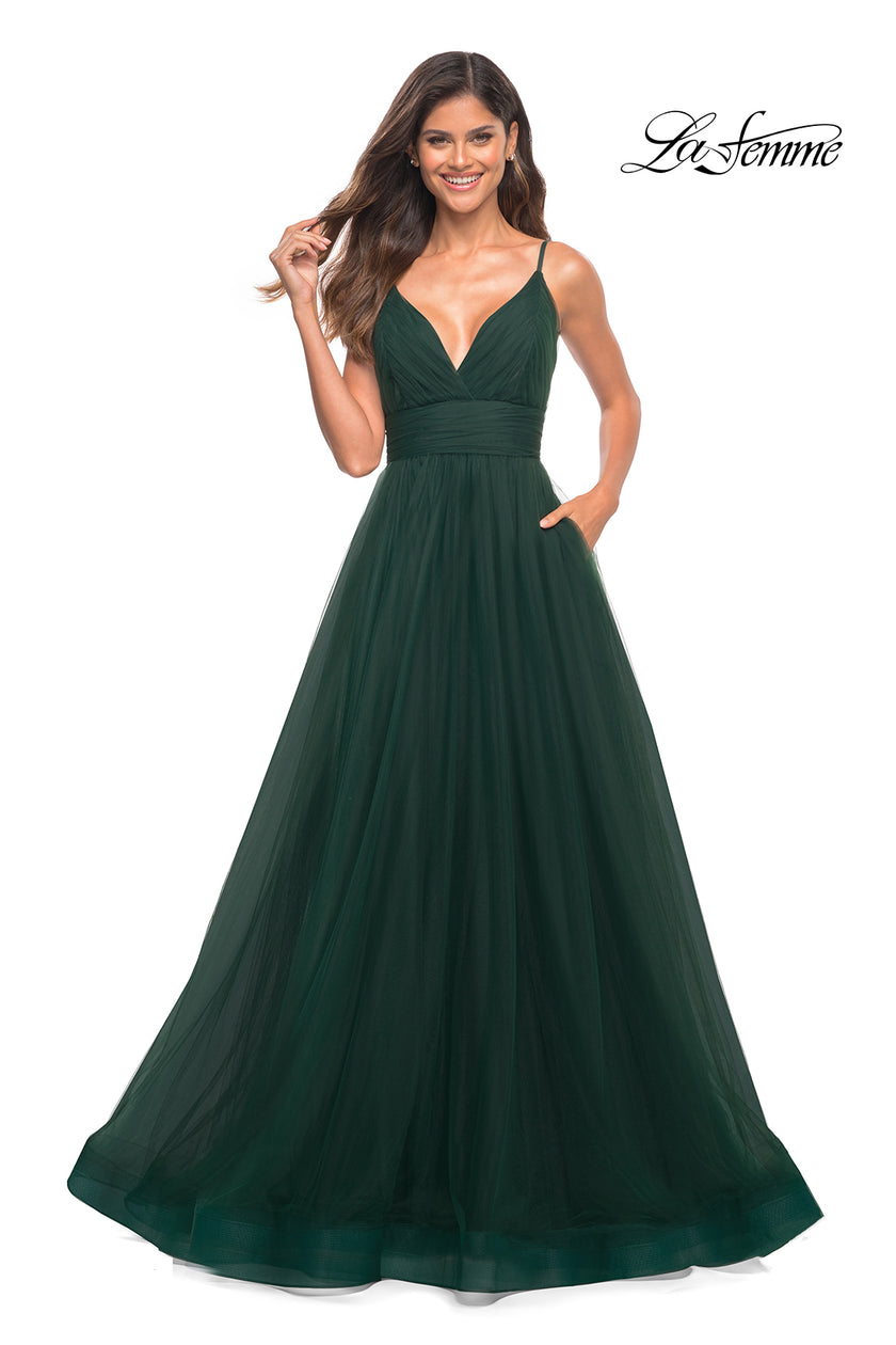 Picture of: A-line Tulle Gown with V Neckline and Pockets in Dark Emerald, Detail Picture 4