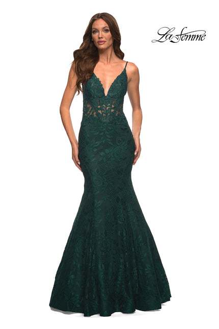 Picture of: Mermaid Lace Prom Dress with Sheer Jeweled Bodice in Green, Style: 30320, Detail Picture 4
