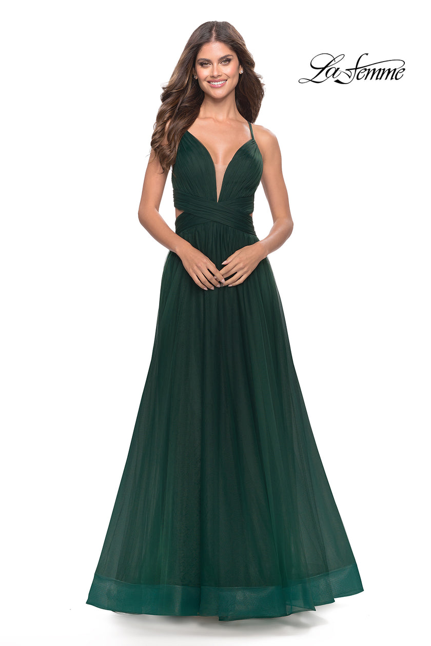 Picture of: Tulle Ball Gown with Side Cut Outs and High Slit in Dark Emerald, Style: 31347, Detail Picture 4