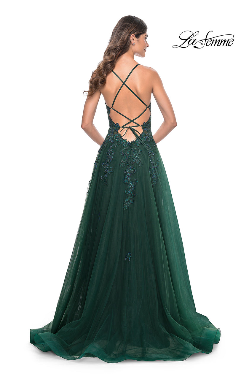 Picture of: A-Line Tulle Dress with Rhinestone Embellished Lace Applique in Dark Emerald, Style: 32022, Detail Picture 4