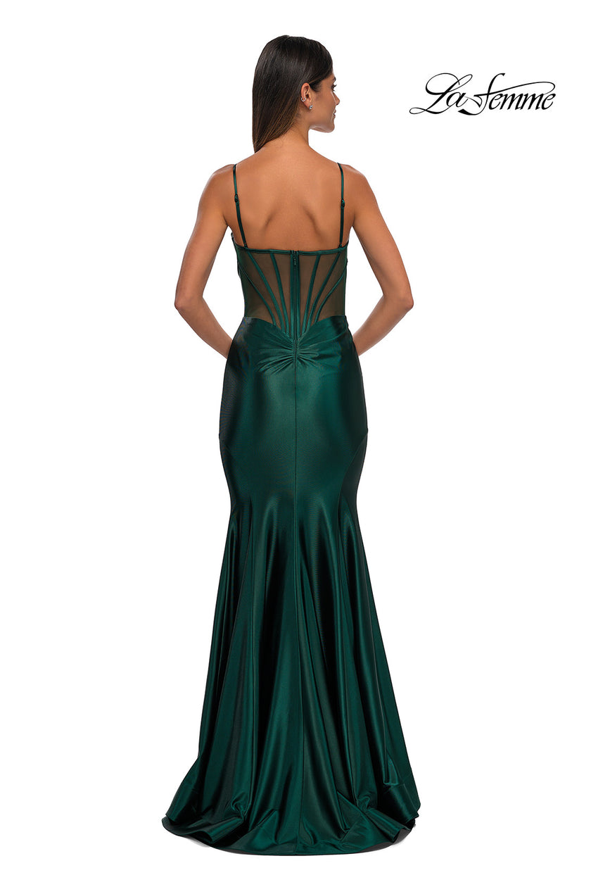 Picture of: Chic Stretch Satin Gown with Corset Top and Flare Skirt in Dark Emerald, Style: 32555, Detail Picture 4