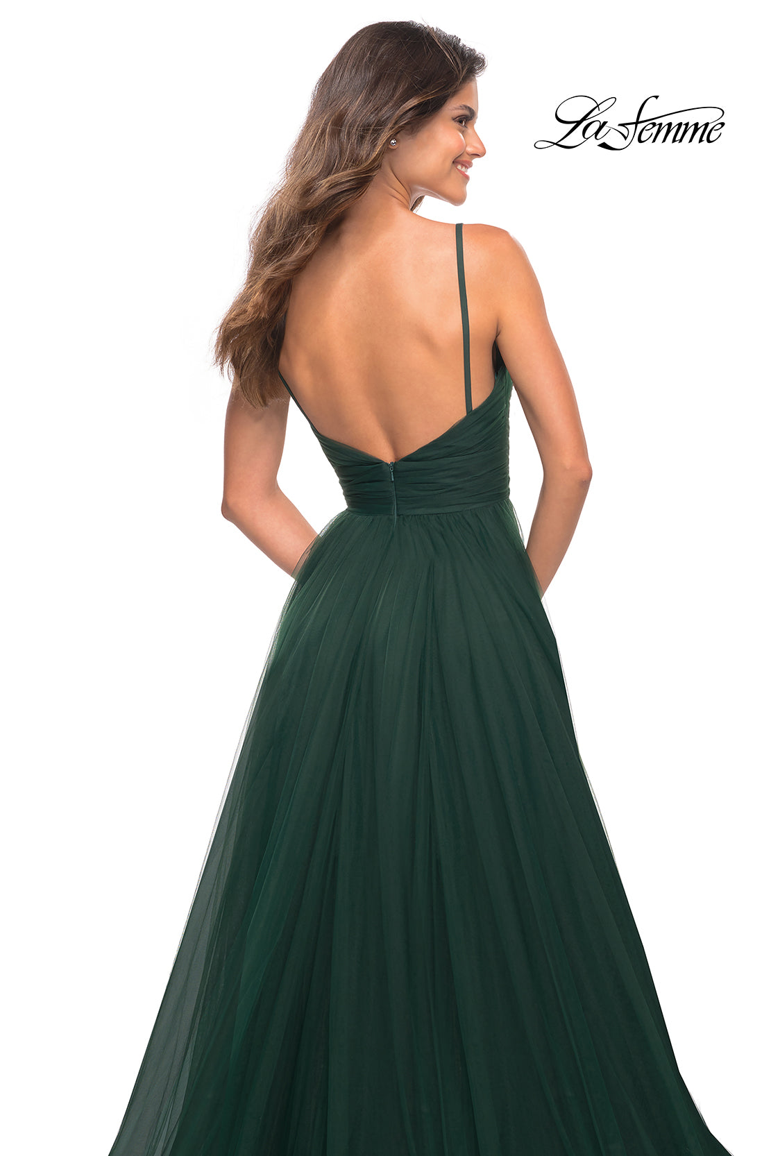 Picture of: A-line Tulle Gown with V Neckline and Pockets in Dark Emerald, Detail Picture 5
